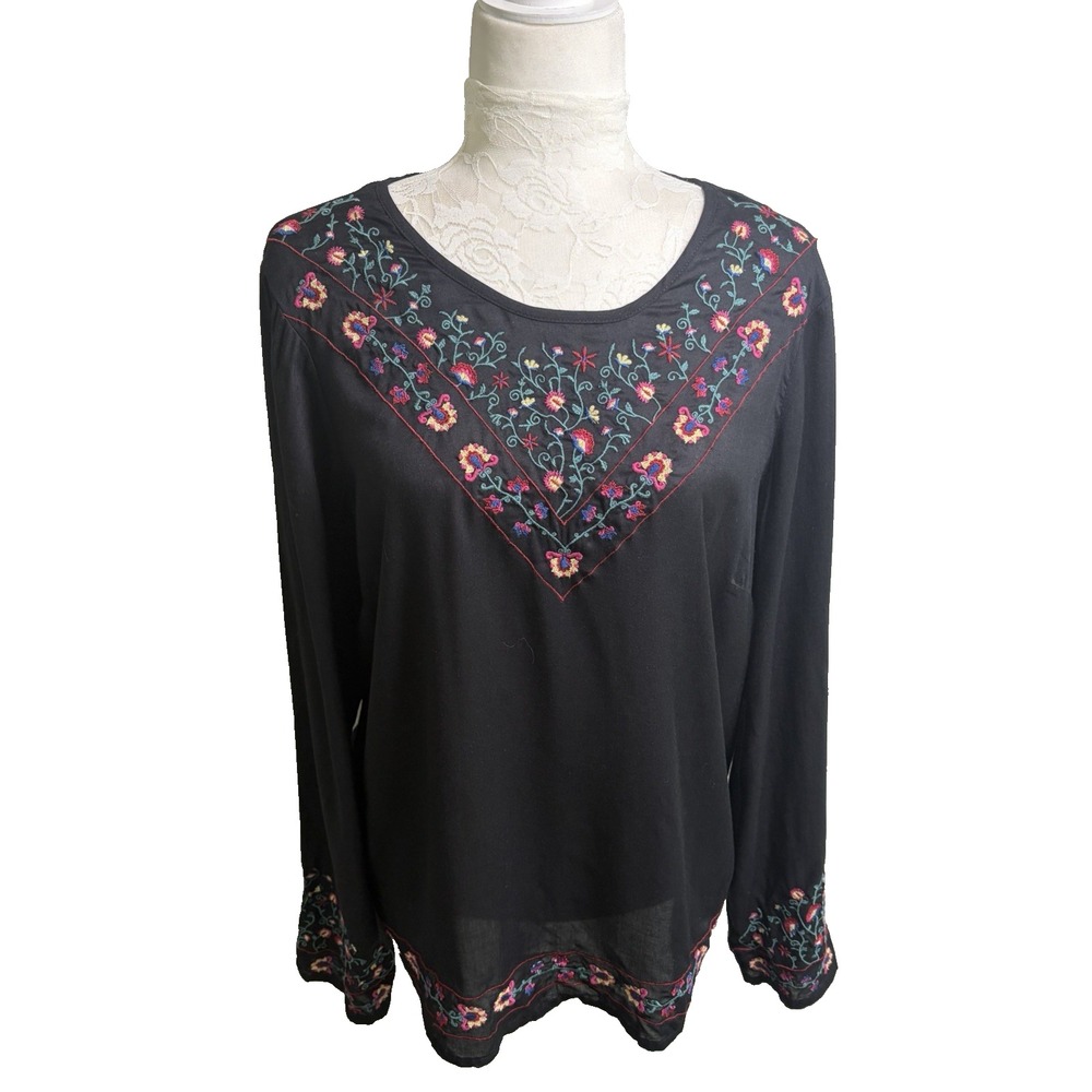 Long Tall Sally Floral Embroidered Black Tunic Top~Sz 12~Modal Whimsigoth Boho